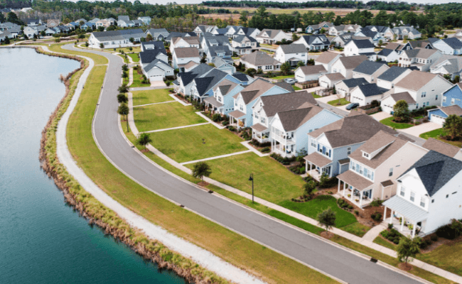 Modern Wilmington neighborhood with townhomes and landscaped streets